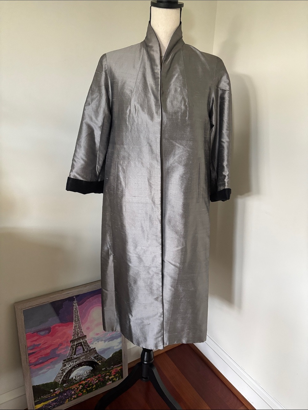 Silver/Black Reversible Women's Long Coat with Mandarin Collar